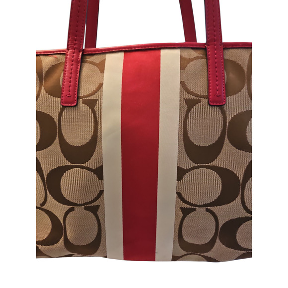 COACH Hamptons Khaki Red Signature Stripe Shoulder Tote Bag #19999 - Picture 3 of 13